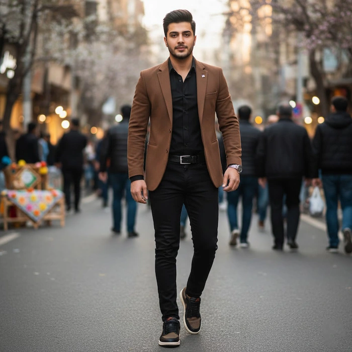 استایل مردانه با کتونی اسنیکر قهوه ای و کت قهوه ای 4184844